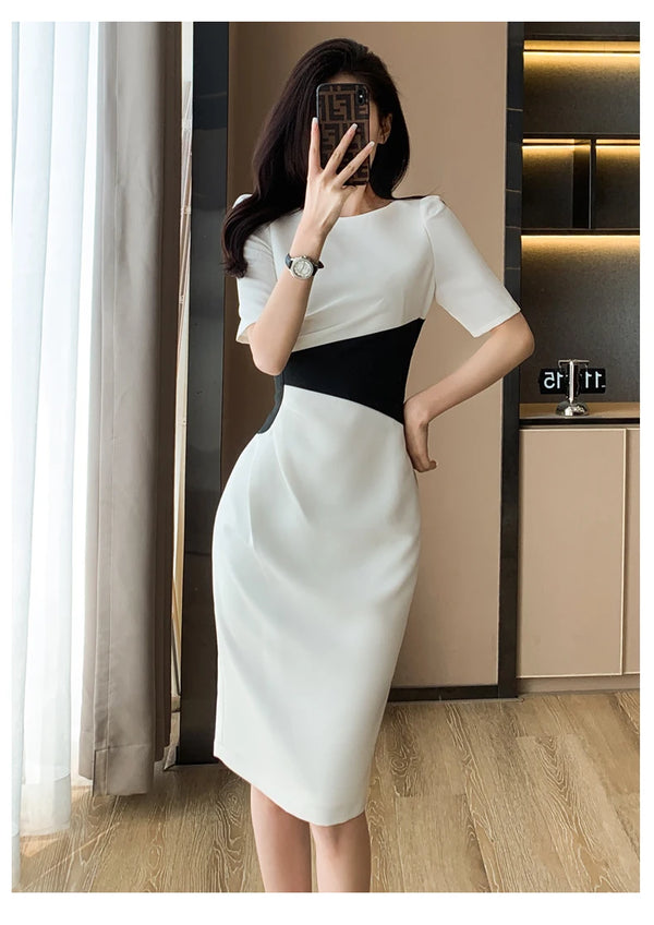 2023 New O-Neck Vintage Vestidos Simple Chic Color Blocking Bodycon Office Casual Dress Women Sheath Pencil Dresses
