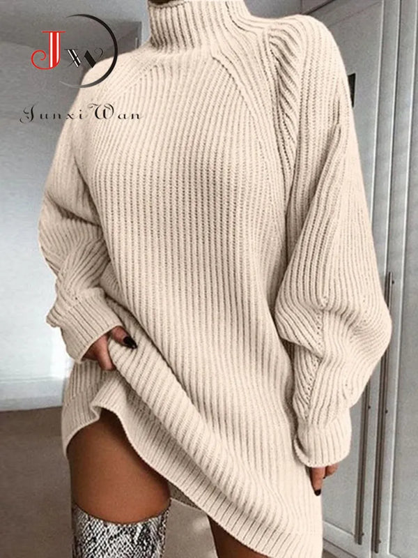 Women Turtleneck Sweater Dress Autumn Solid Long Sleeve Casual Elegant Mini Oversized Knitted Dress Winter Clothes